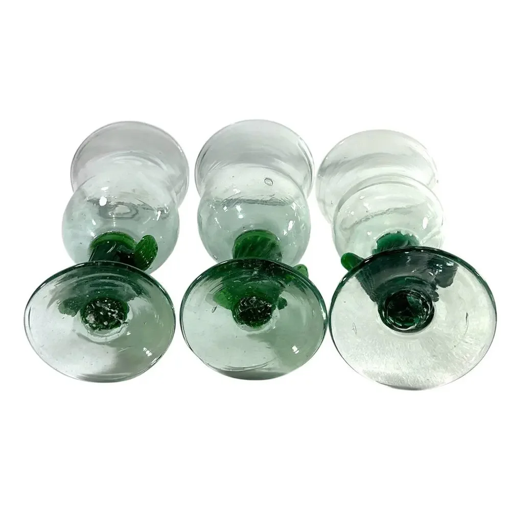 Vintage Hand Blown Glass Cactus Goblets Set of 3 Green Saguaro Mexican Style